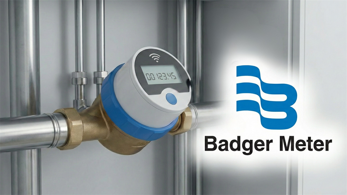 Badger Meter smart water meter on stainless pipes beside the Badger Meter logo, illustrating smart-water tech and growth outlook.