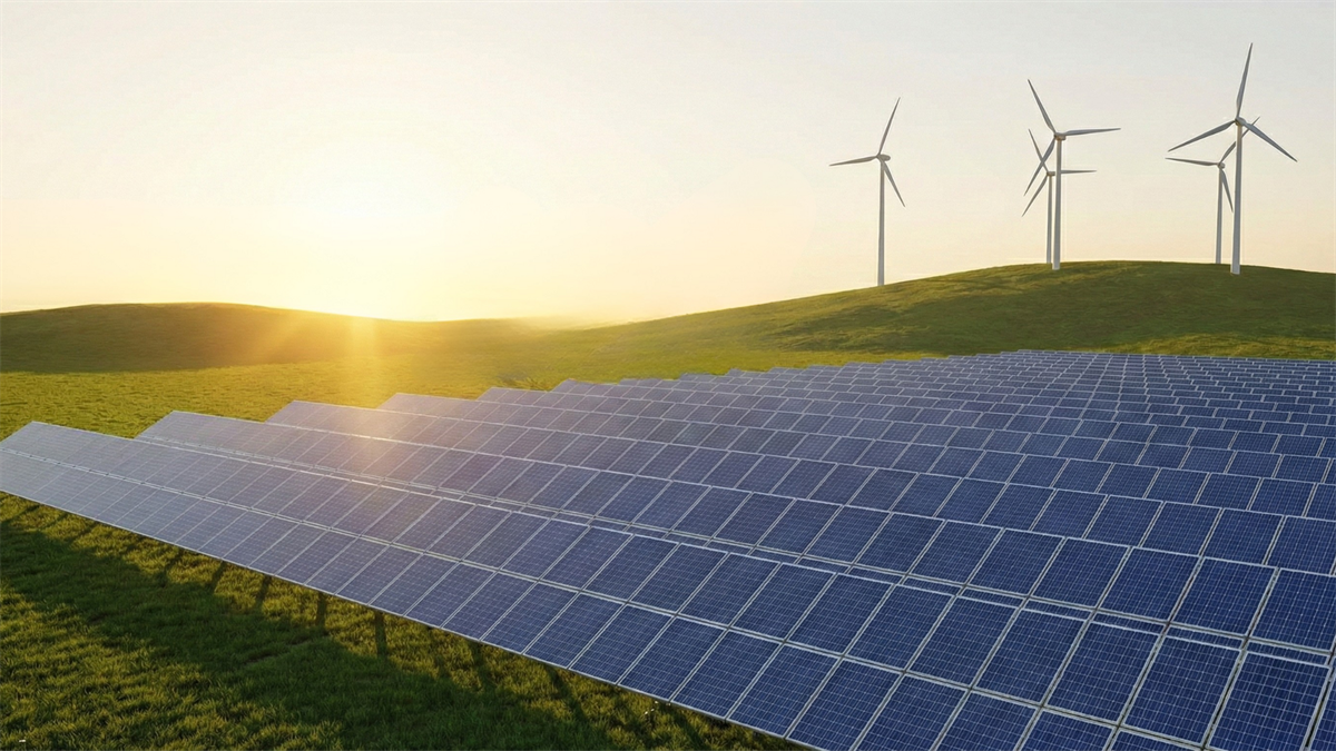 Golden-hour solar panels with wind turbines and transmission lines, reflecting NextEra’s clean-energy growth.