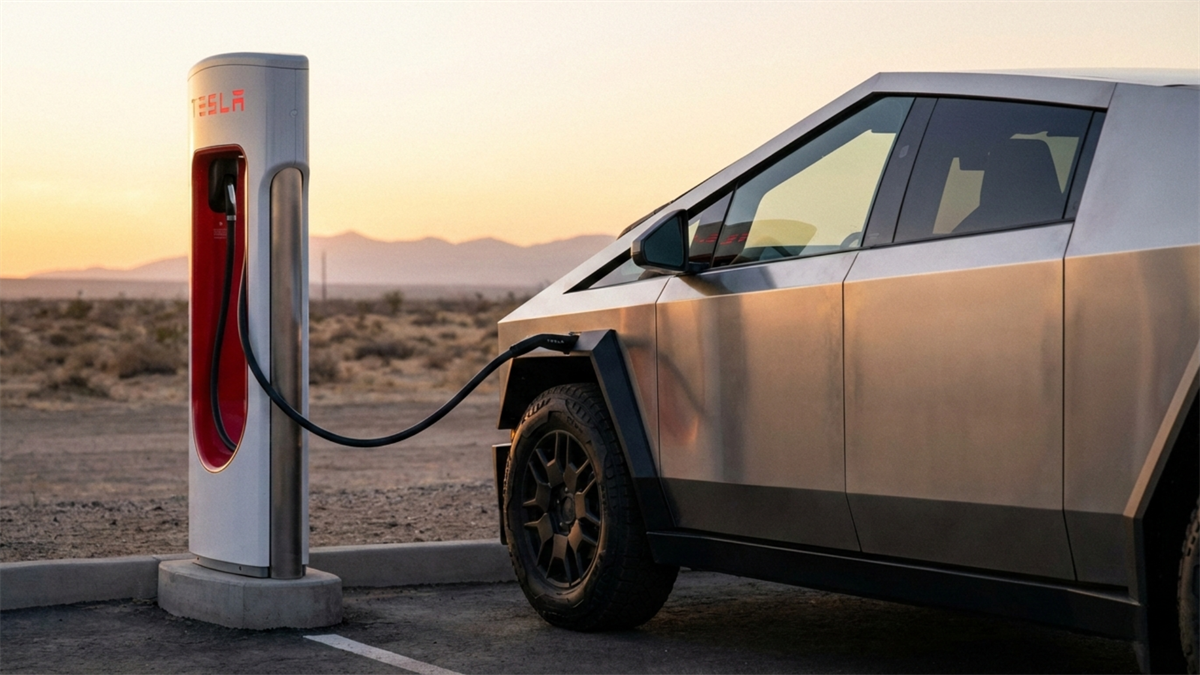 Tesla Cybertruck charging at a Supercharger at sunset, symbolizing EV demand and Tesla stock optimism.