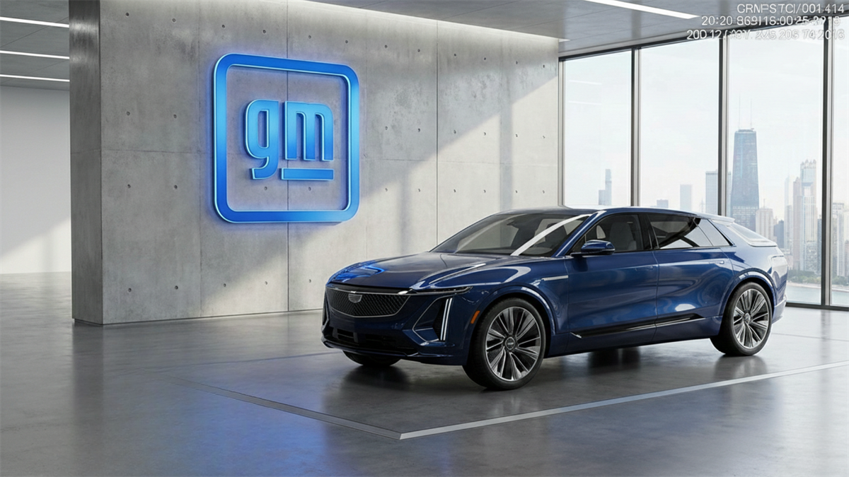Blue Cadillac SUV in a GM-branded showroom, illustrating General Motors amid a stock rally and EV pullback.