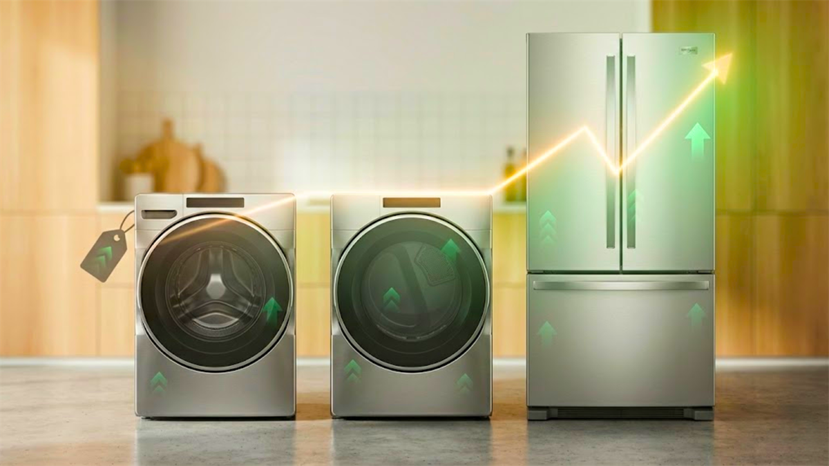 Whirlpool appliances with an upward chart line, signaling WHR stock gains.
