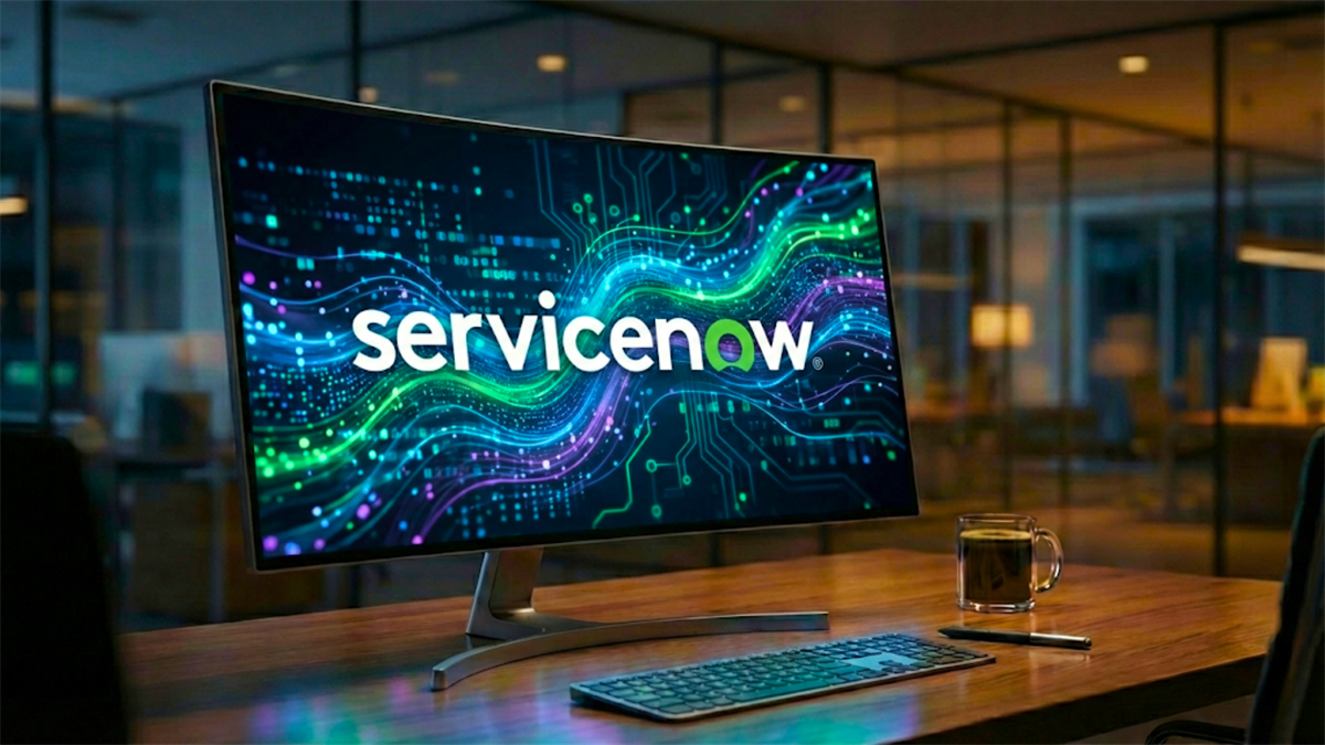 ServiceNow logo glows on a monitor amid flowing data lines in a modern office.