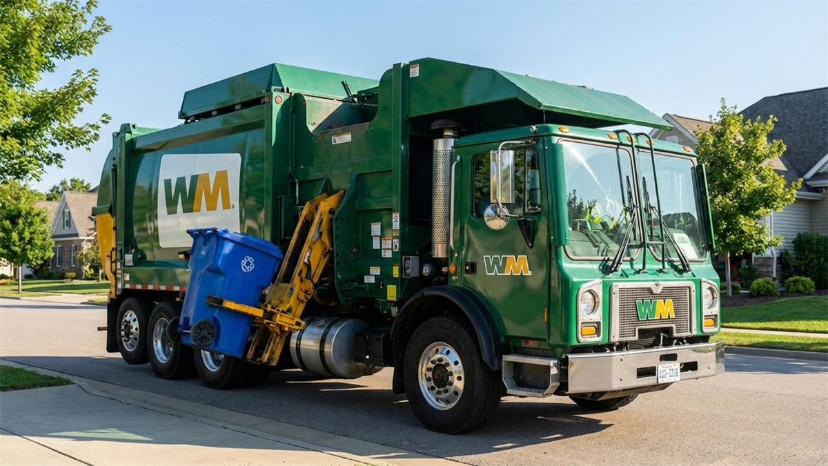 Waste Management garbage truck collecting a recycling bin on a suburban street in daylight.