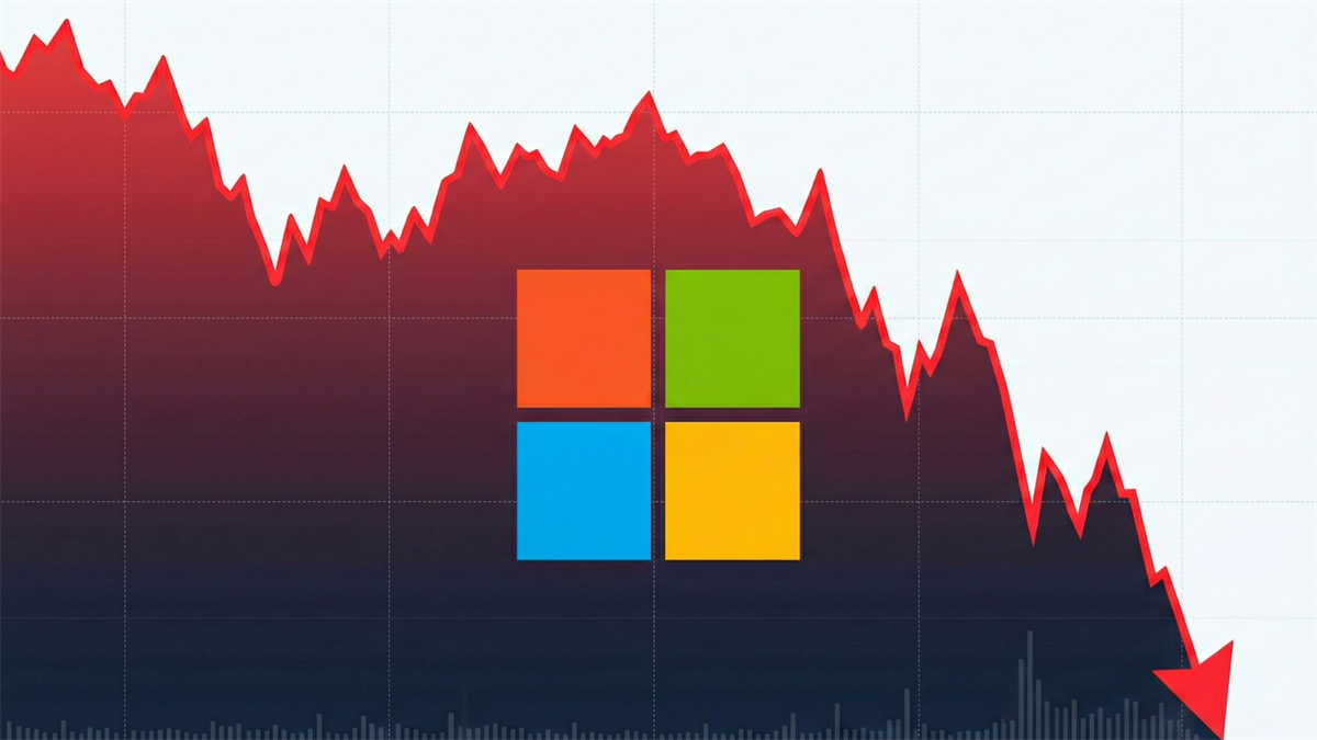 Microsoft logo on a declining stock chart, suggesting a selloff.