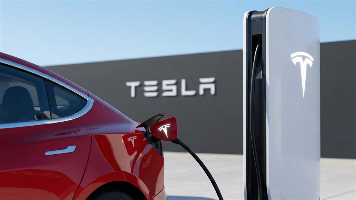 Red Tesla EV plugged into a Supercharger with Tesla logo, highlighting the company’s EV business pivot.