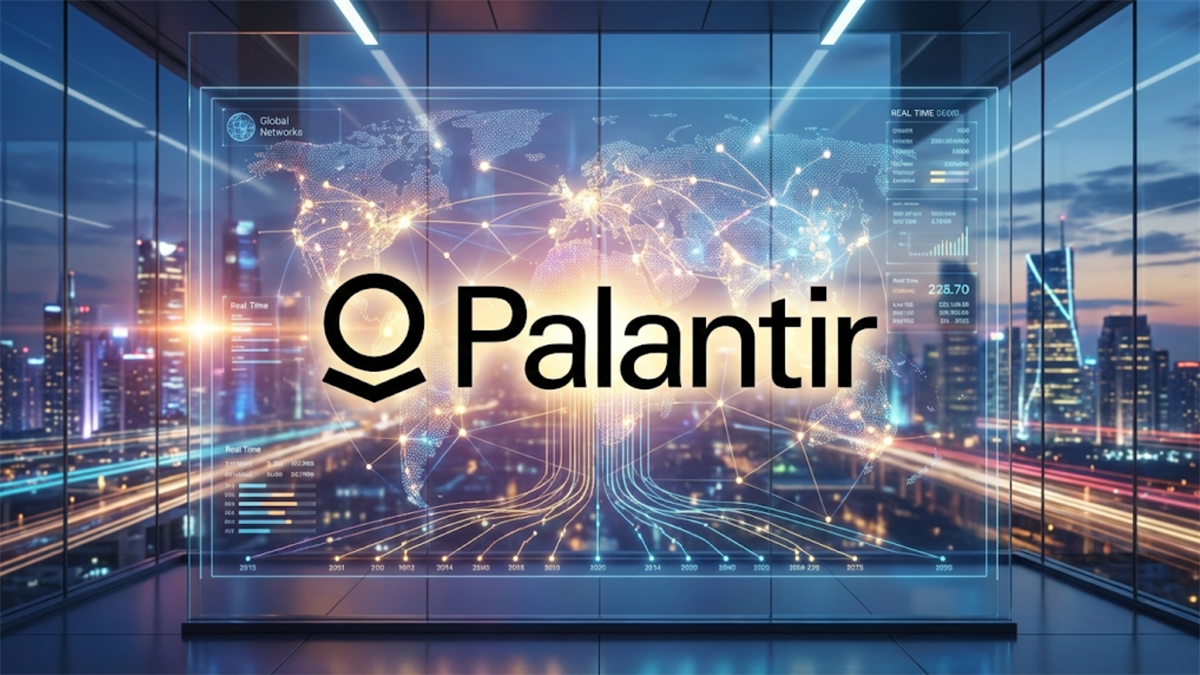 Palantir logo overlays a glowing global data network above a city skyline.