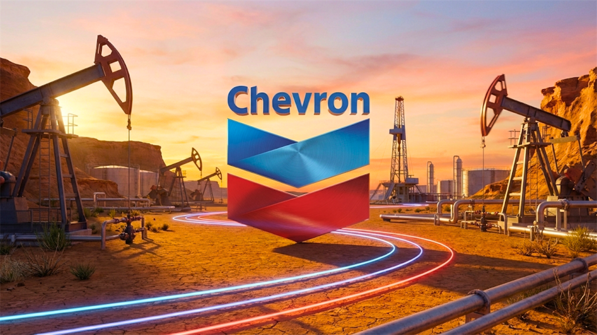 Chevron logo over oil pumps at sunset, highlighting energy strength.