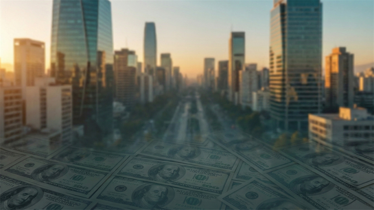 Sunlit skyline overlaid with U.S. dollar bills, symbolizing a weakening dollar boosting emerging markets.