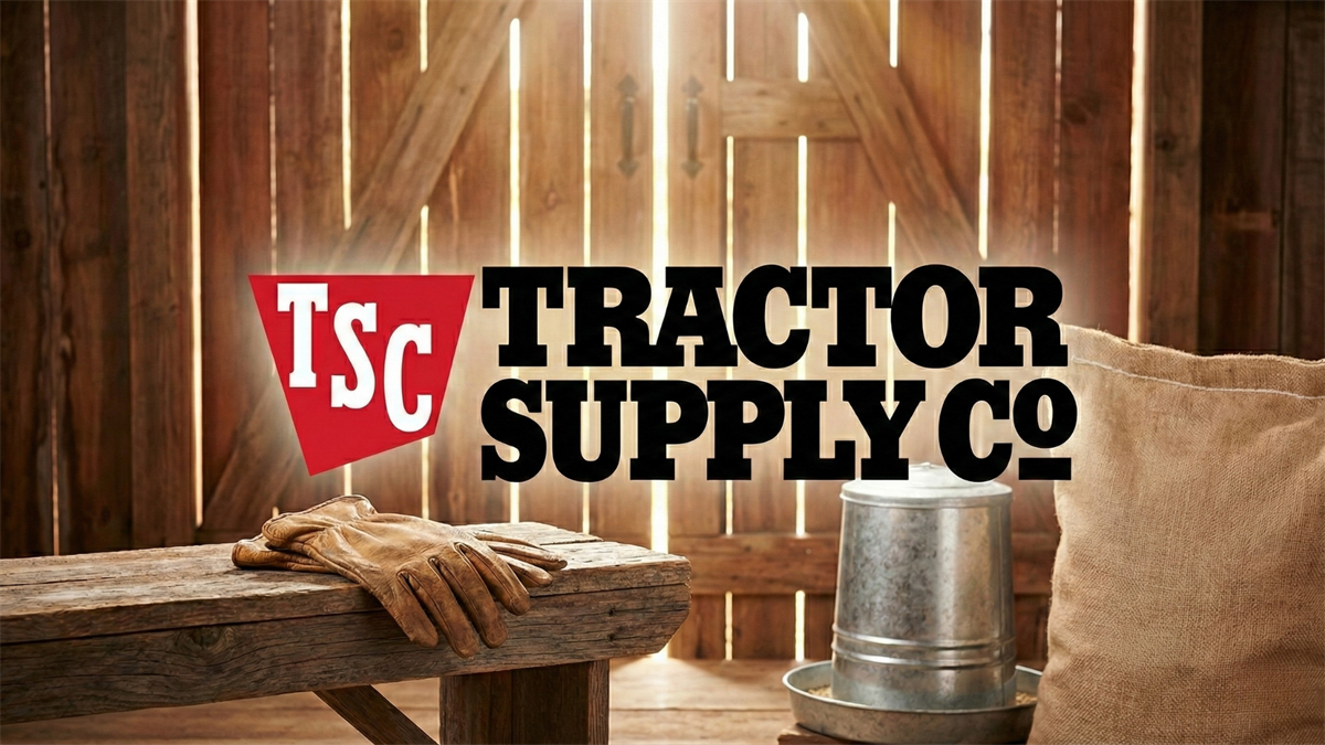 Tractor Supply Co. logo over a rustic barn scene with work gloves and farm supplies, reflecting rural retail growth.