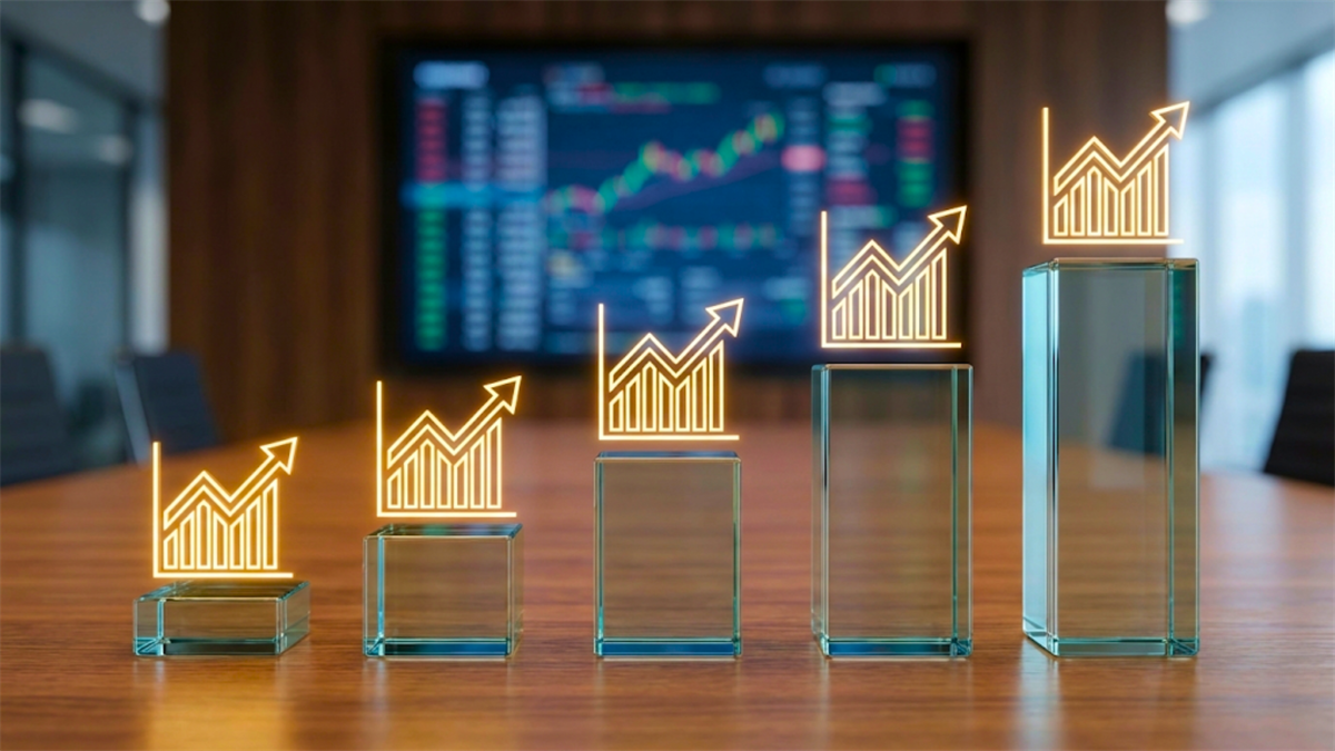 Rising glass blocks with upward chart icons before stock screen, symbolizing market rally and growth.