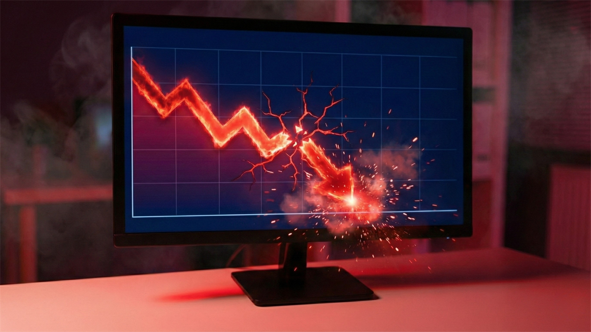 Monitor shows plunging red stock chart, evoking insider selling pressures and a market pullback in 2026.