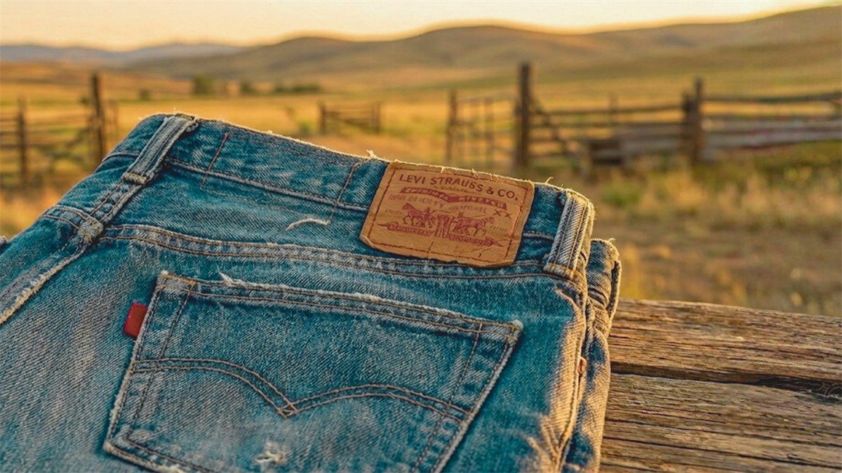 Levi’s jeans folded on a wooden table at sunset, highlighting Levi Strauss brand amid LEVI stock focus.