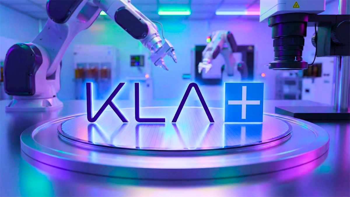 KLA Corp logo on semiconductor lab equipment with robotic arms, highlighting chip inspection tools and KLAC stock.