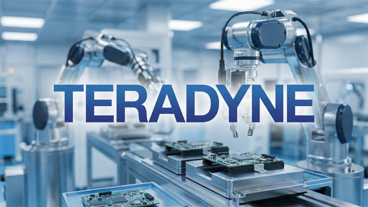 Teradyne logo over robotic chip-testing line in cleanroom, signaling AI-driven semiconductor demand.