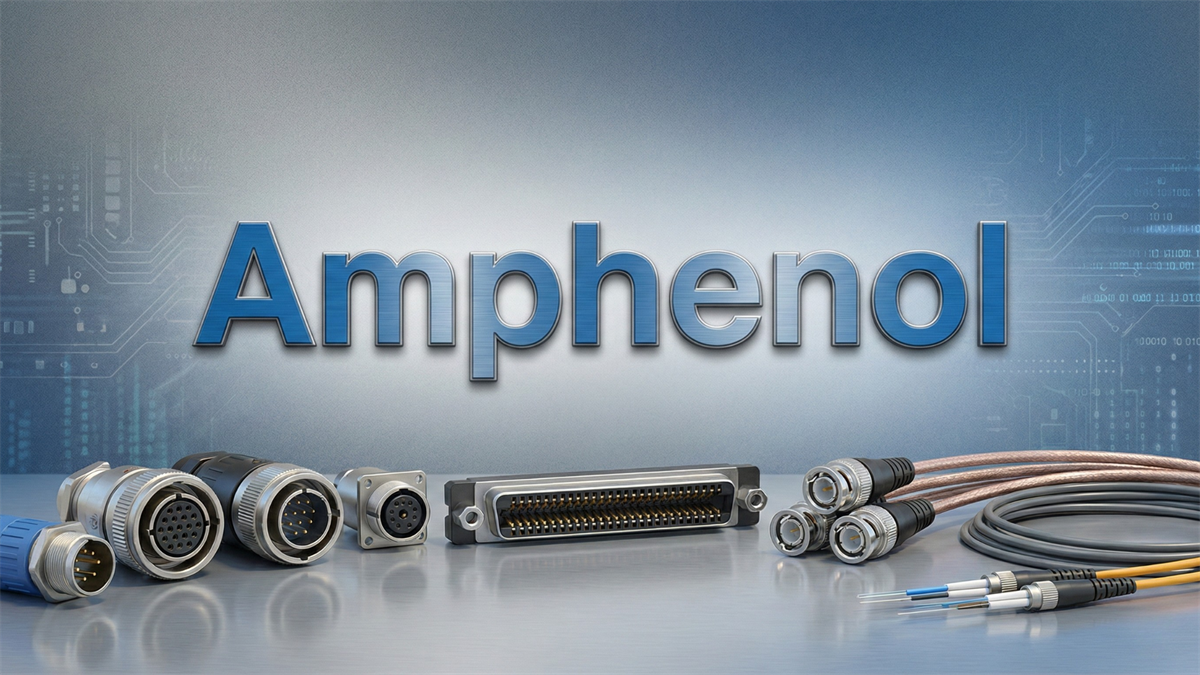 Amphenol logo above fiber-optic and electronic connectors, highlighting its connectivity components business.