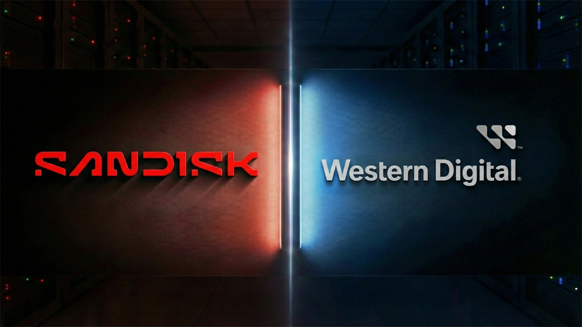 Split data-center graphic with SanDisk red logo left and Western Digital blue logo right, AI storage theme.