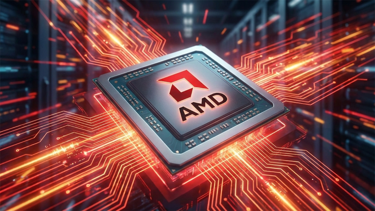 AMD logo on a glowing processor chip with red circuit traces, highlighting AI and data-center semiconductor demand.