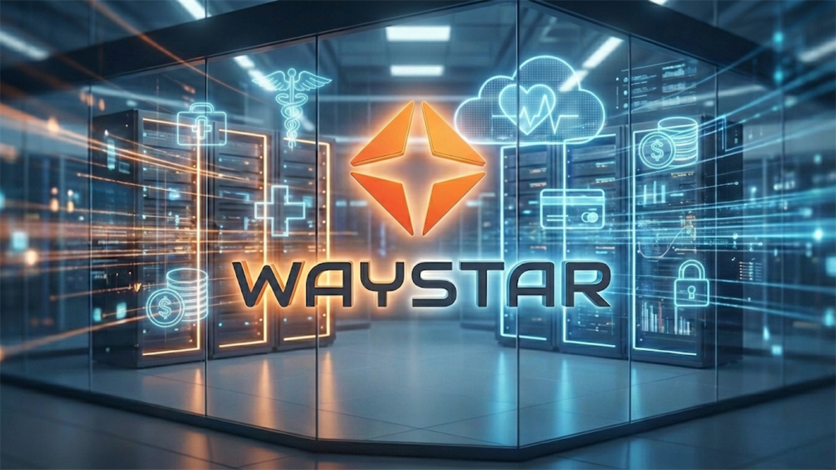 Waystar logo over digital healthcare server room with security and finance icons.
