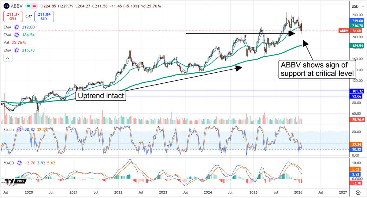 AbbVie (ABBV) chart shows uptrend intact as shares test key support with mixed momentum signals.