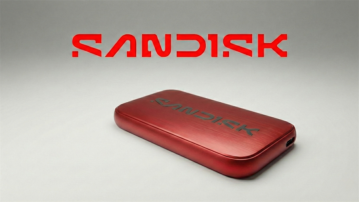 Red SanDisk external SSD on a gray surface beneath a glowing red SanDisk logo, clean product-style lighting.