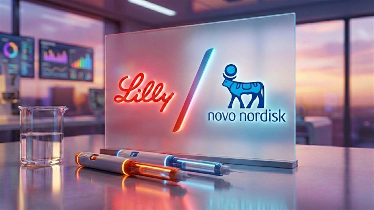 Lilly and Novo Nordisk logos with syringes on desk, spotlighting GLP-1 obesity drug market rivalry.