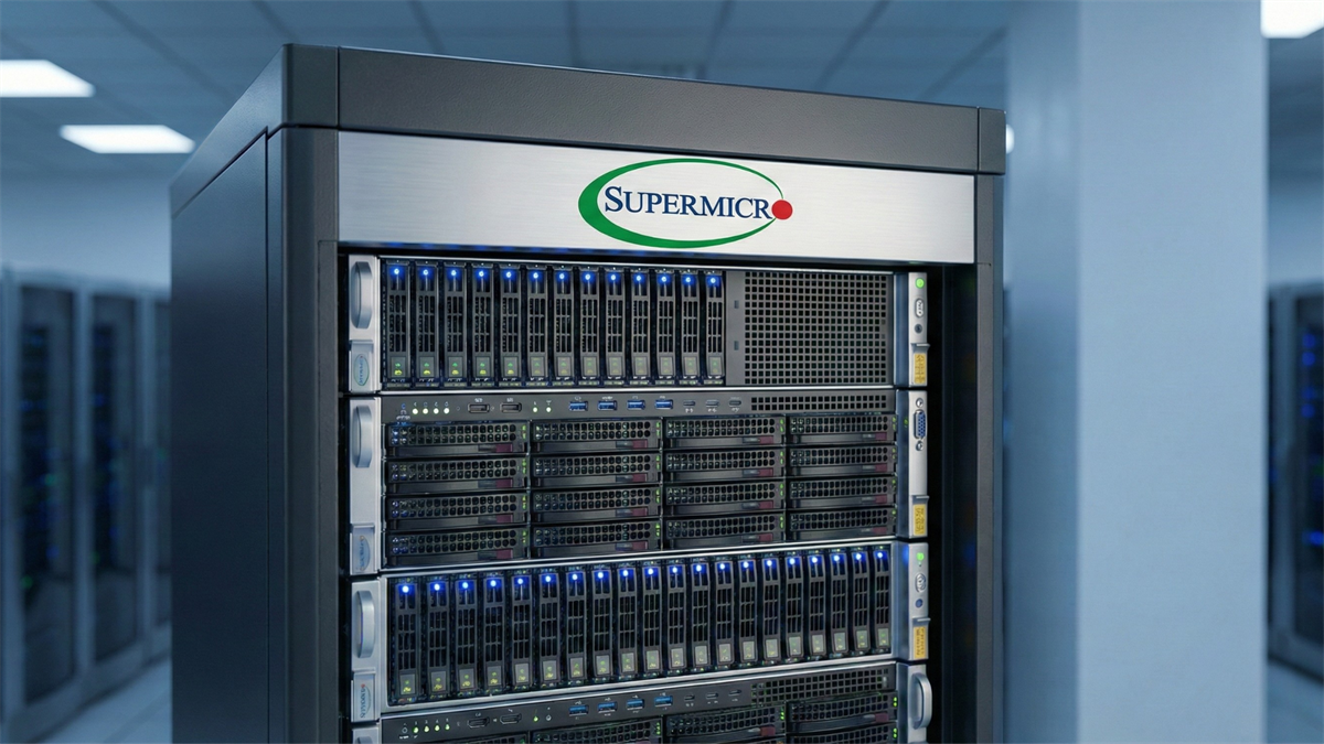 Super Micro-branded AI server rack in a data center, blue LEDs glowing, illustrating SMCI’s AI server demand.