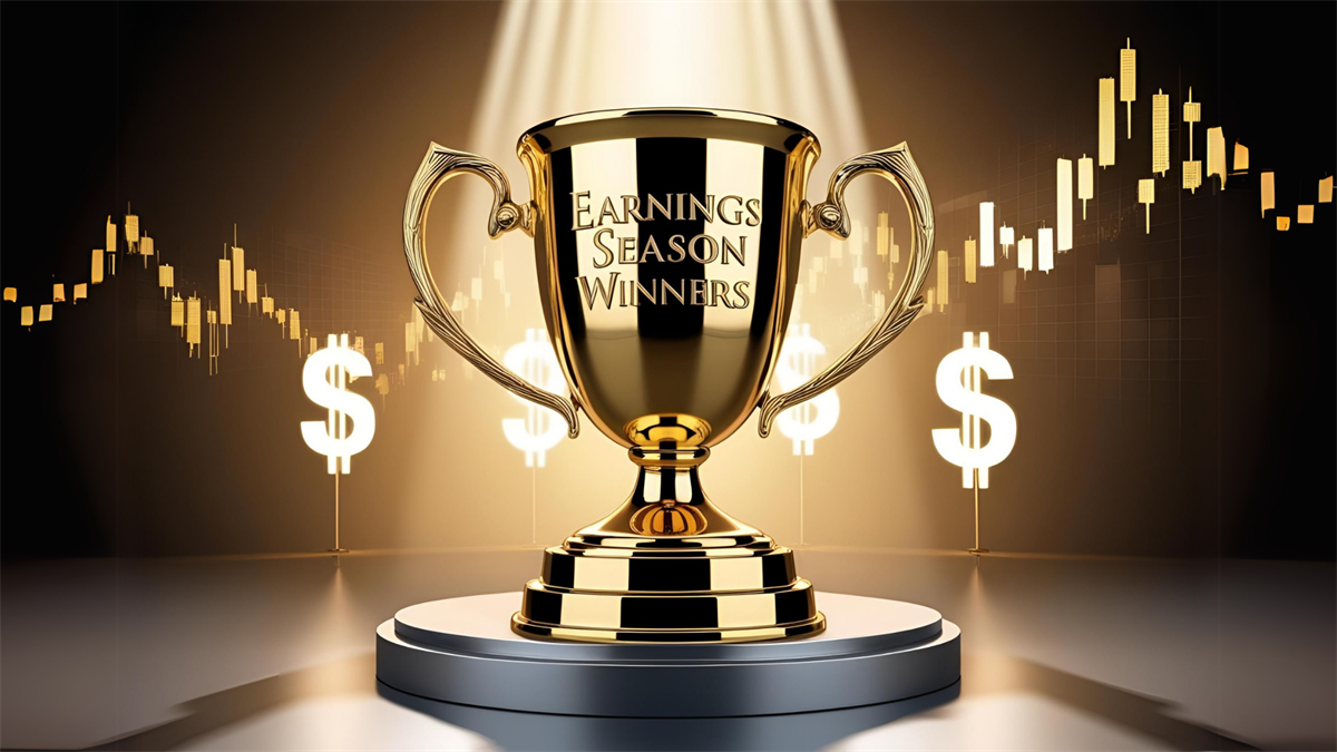 Gold trophy labeled Earnings Season Winners amid rising stock charts and dollar signs reflecting guidance-led earnings beats.