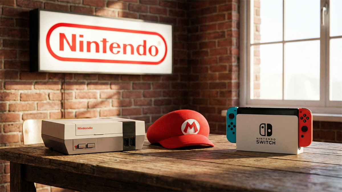 Nintendo logo with Switch console, NES and Mario cap on desk, hinting at Switch2 sales rebound.