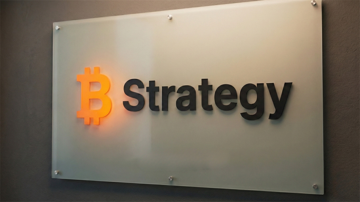 Glowing orange Bitcoin “₿” icon beside black “Strategy” lettering on a frosted glass office wall sign.