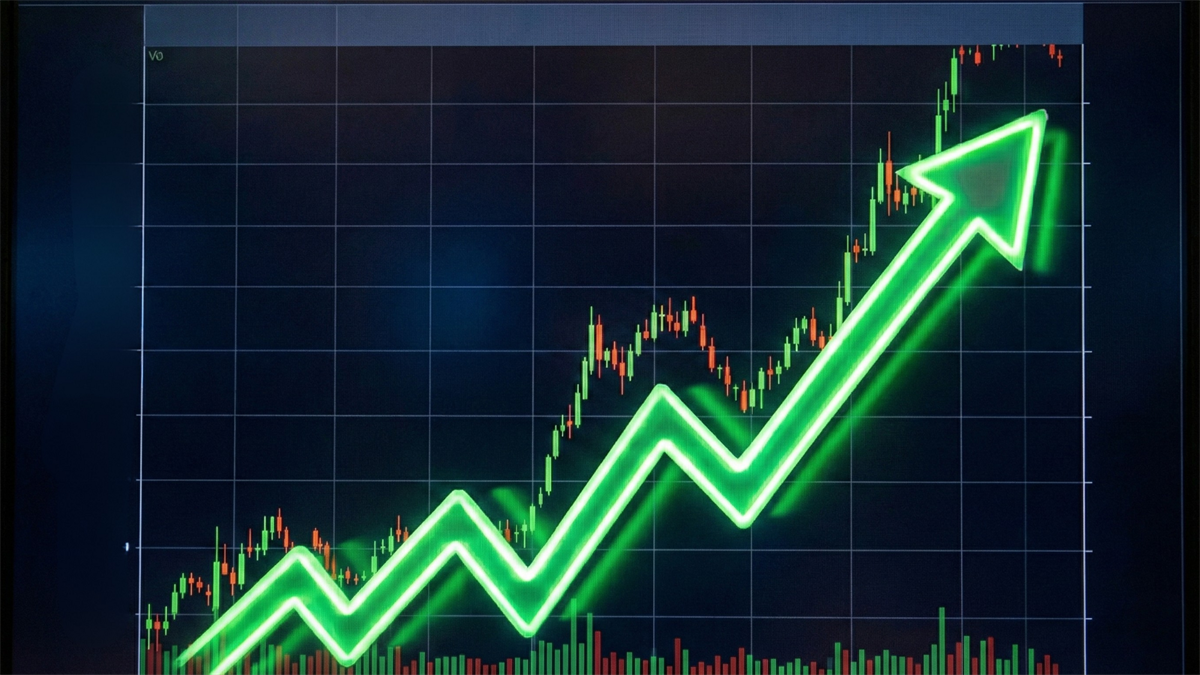 Neon-green upward arrow over a rising stock candlestick chart, signaling strong gains in a high-growth market rally.