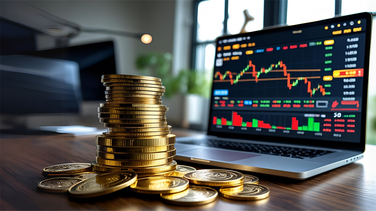 Gold coins stacked beside a laptop trading chart, highlighting gold price volatility and safe-haven demand.