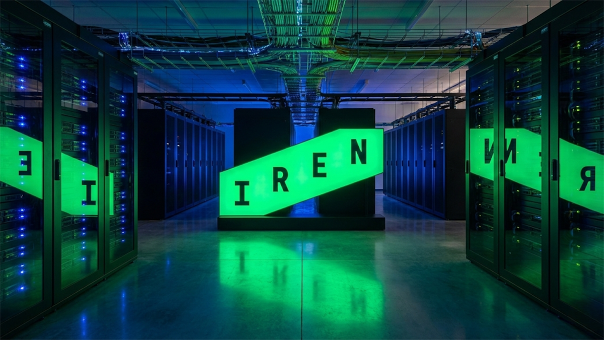 IREN logo in a data center aisle of server racks, highlighting crypto mining and AI infrastructure investment.