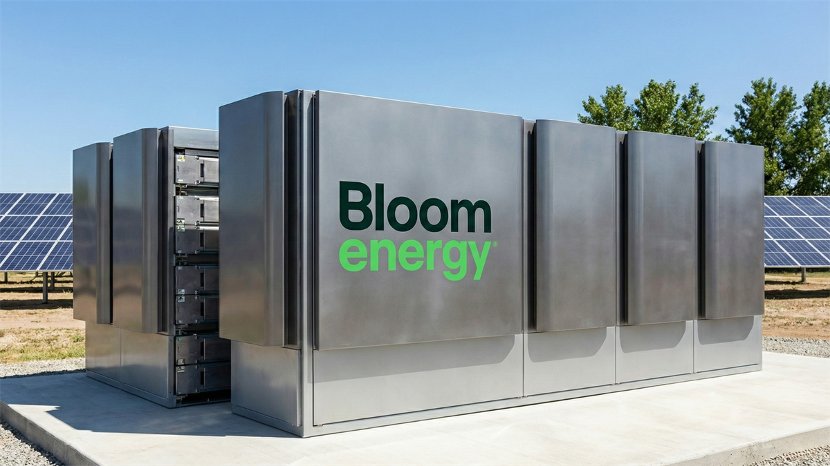 Bloom Energy solid-oxide fuel cell units at a solar site, showing Bloom Energy branding and clean power infrastructure.