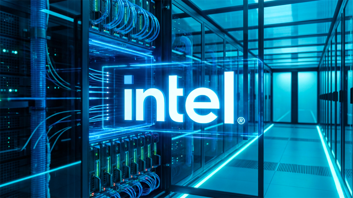Intel logo in a data center server aisle, highlighting chipmaker AI infrastructure demand.