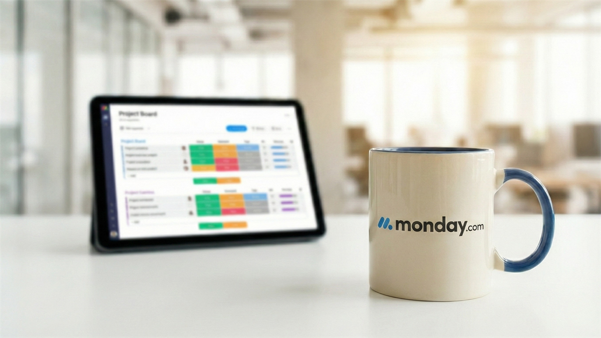 monday.com-branded mug on a desk beside a tablet showing a colorful project board dashboard in a bright office.