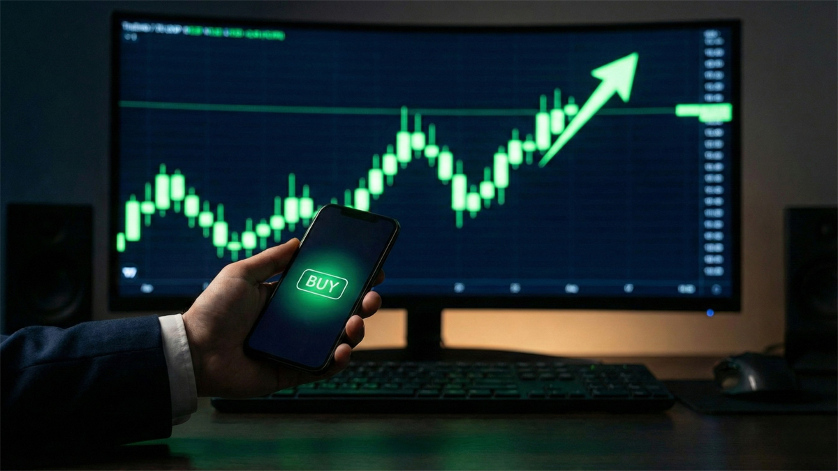 Hand holds a smartphone with a glowing buy button as a green candlestick chart rises sharply on a monitor.