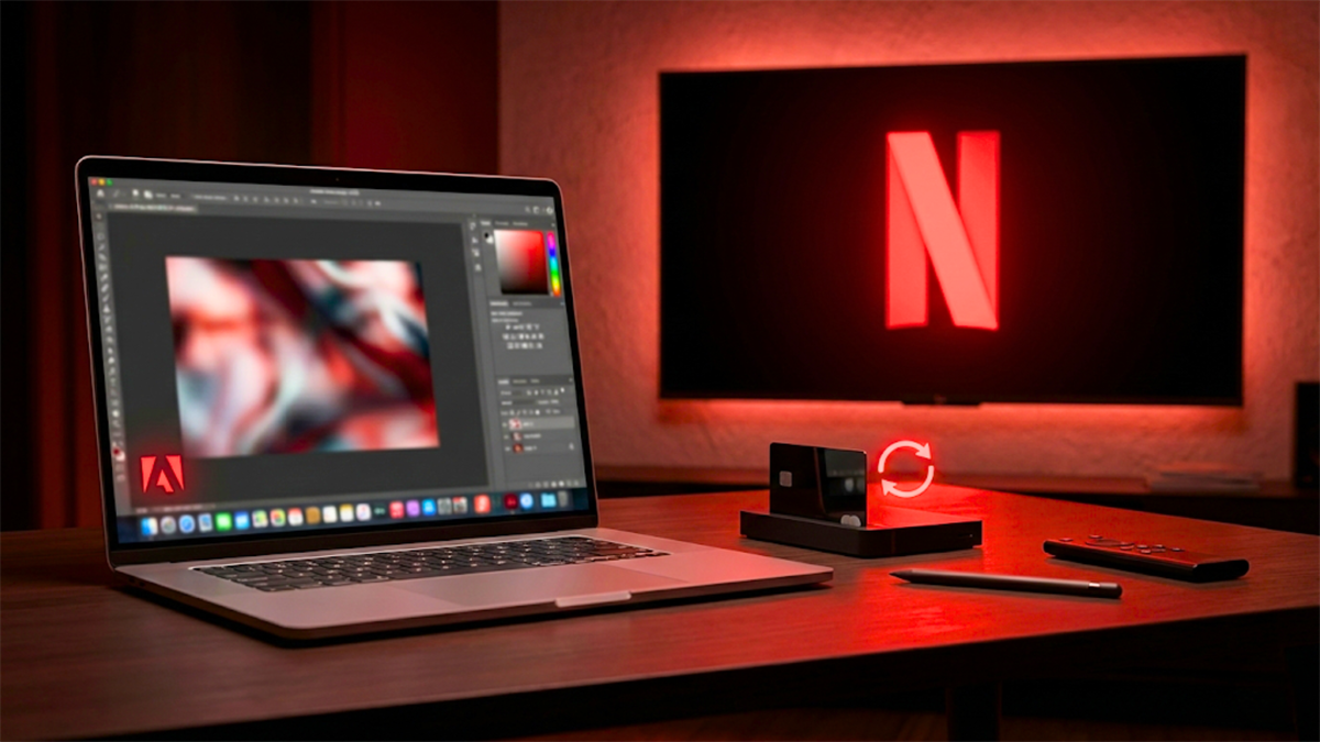 Laptop with Adobe software and Netflix logo on screen, highlighting streaming media strategy and subscriber growth.
