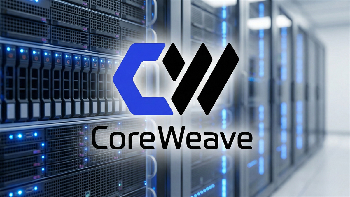 CoreWeave logo over rows of server racks in a data center, highlighting AI cloud and GPU infrastructure.
