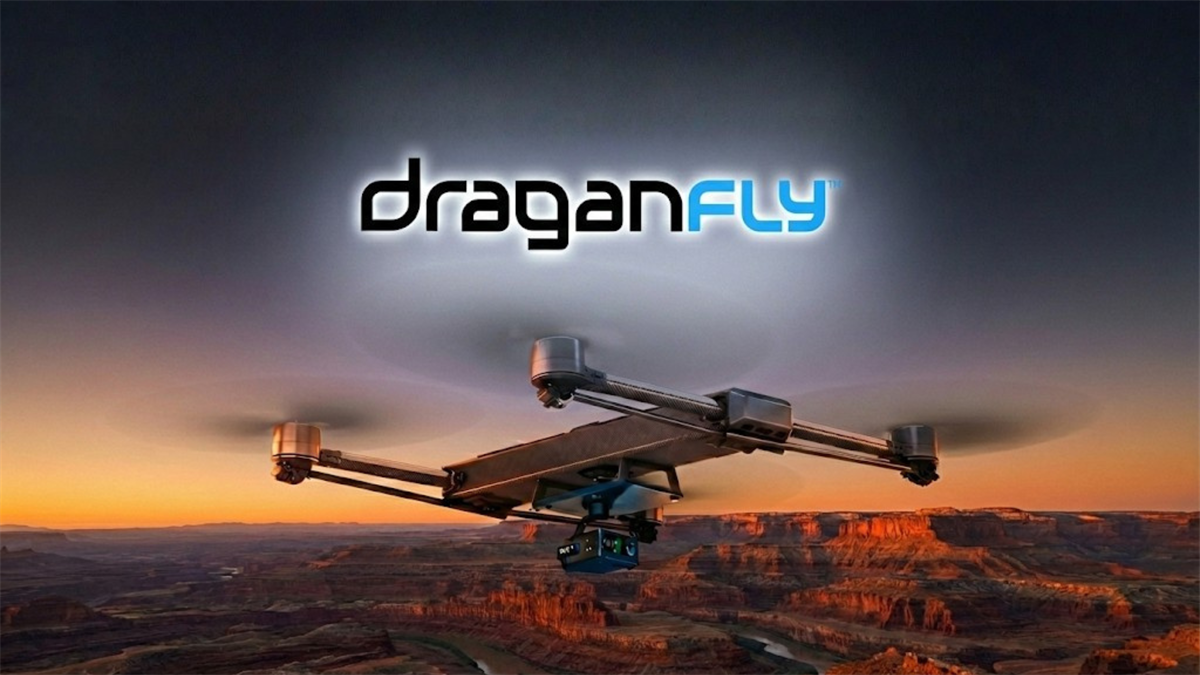 Dragonfly drone flying over canyon at sunset, highlighting commercial UAV technology growth and defense-sector demand.