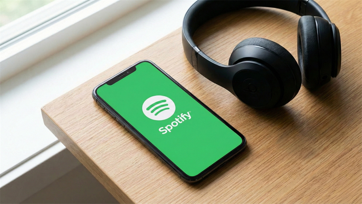 Smartphone displaying the Spotify logo on a green screen beside black over-ear headphones on a wooden table.