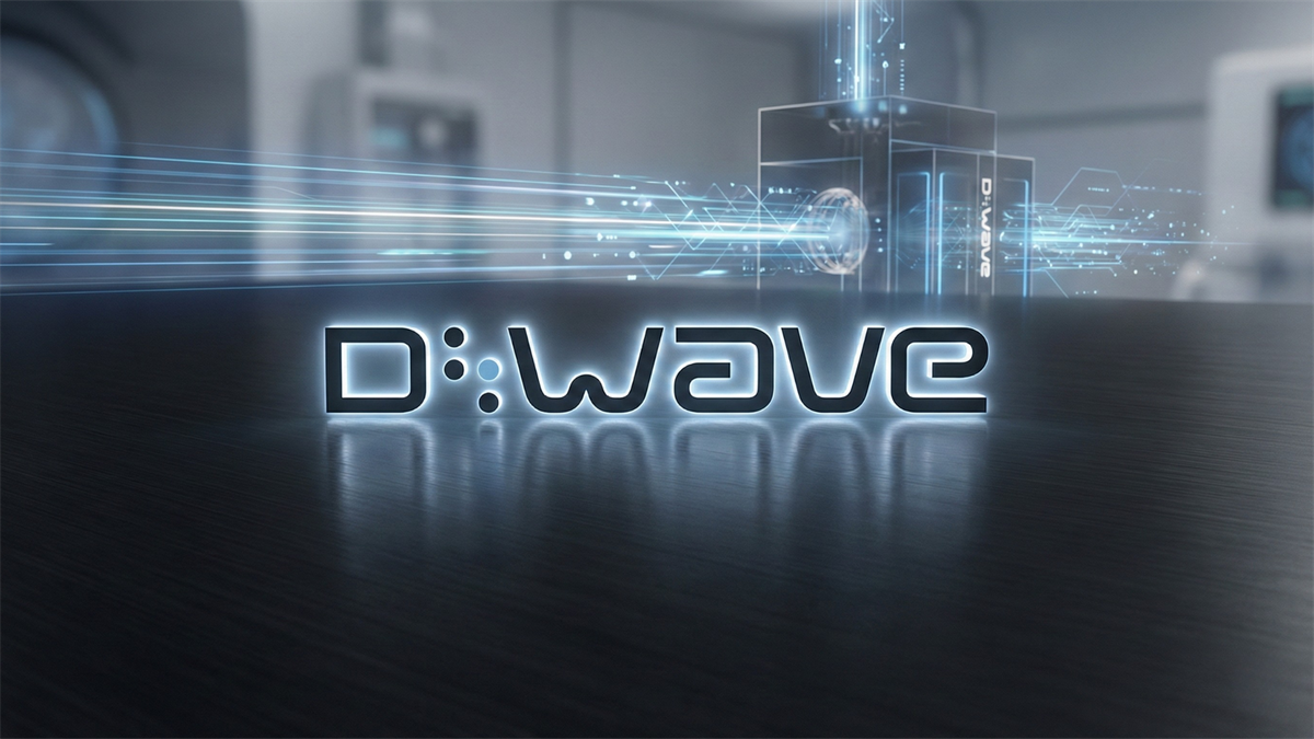 D-Wave logo glowing in a futuristic lab scene, with digital data streams suggesting quantum-defense computing.
