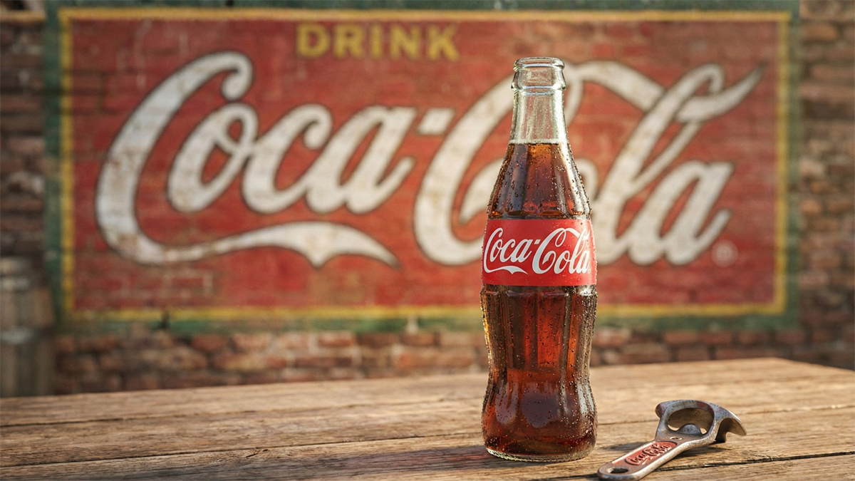 Glass bottle of Coca-Cola on a wooden table with a vintage Coca-Cola wall sign in the blurred background.
