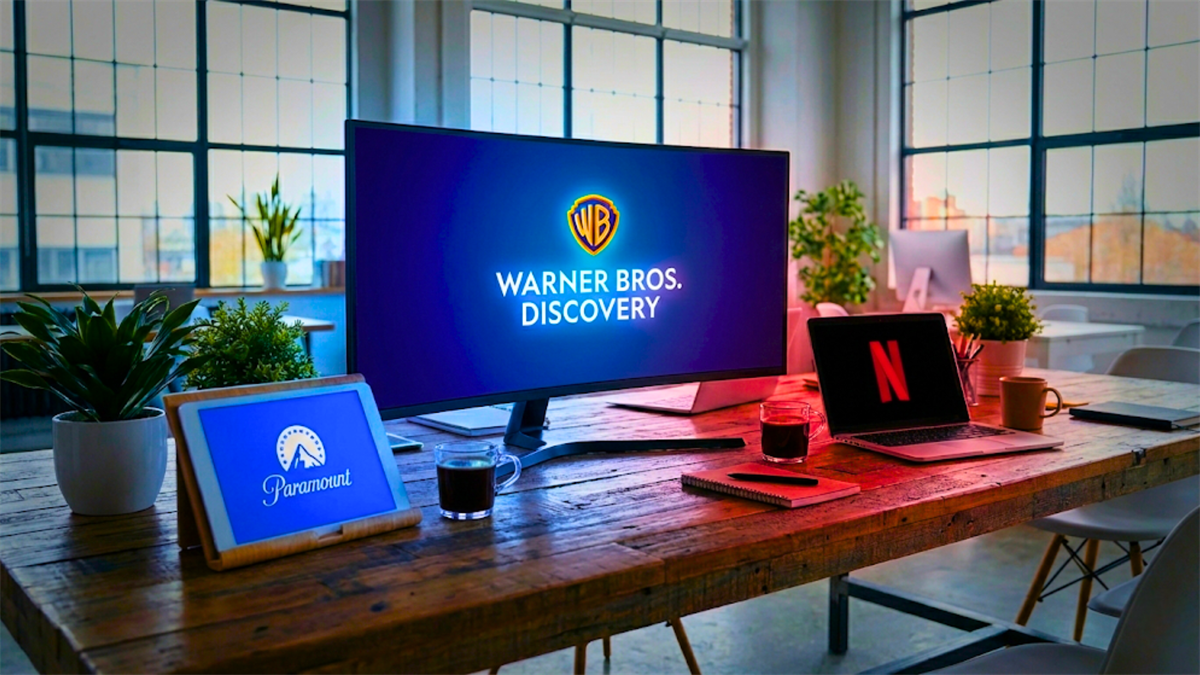 Warner Bros. Discovery on monitor with Netflix and Paramount on devices, highlighting streaming competition.