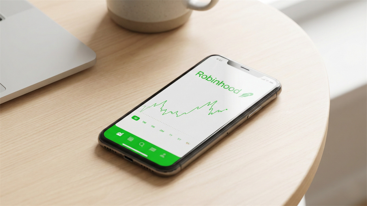 Robinhood app open on a smartphone showing a green stock chart, resting on a desk beside a laptop and coffee mug.