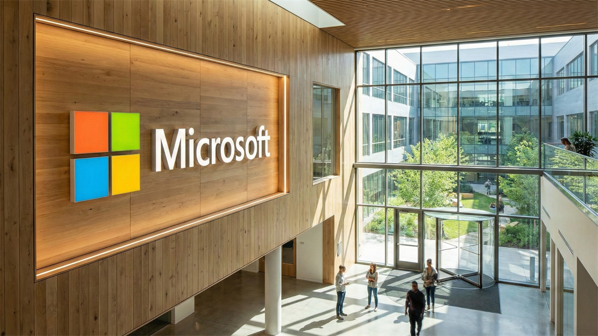 Microsoft logo on a wood-paneled office lobby wall, with sunlight streaming into a glass atrium and people below.