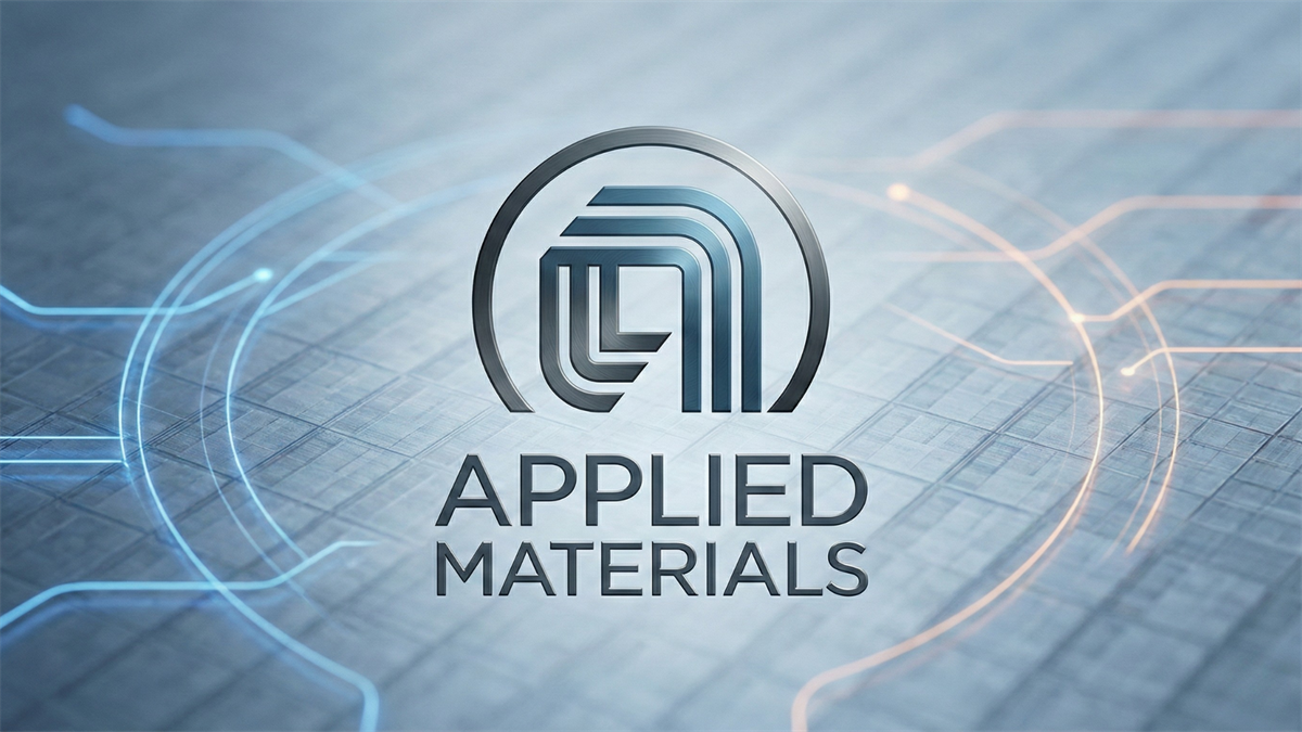 Applied Materials logo over a blue-toned semiconductor wafer pattern, with glowing circuit lines in the background.