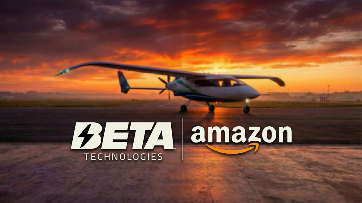 Beta Technologies and Amazon logos highlighted in front of an imaginative depiction of a Beta Technologies eCTOL aircraft.