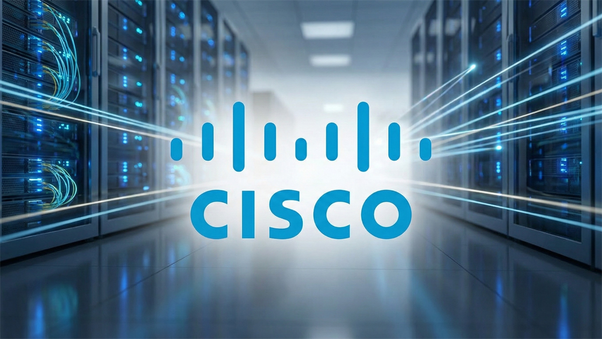 Cisco logo centered in a blue-lit data center aisle with glowing server racks, representing AI networking growth.