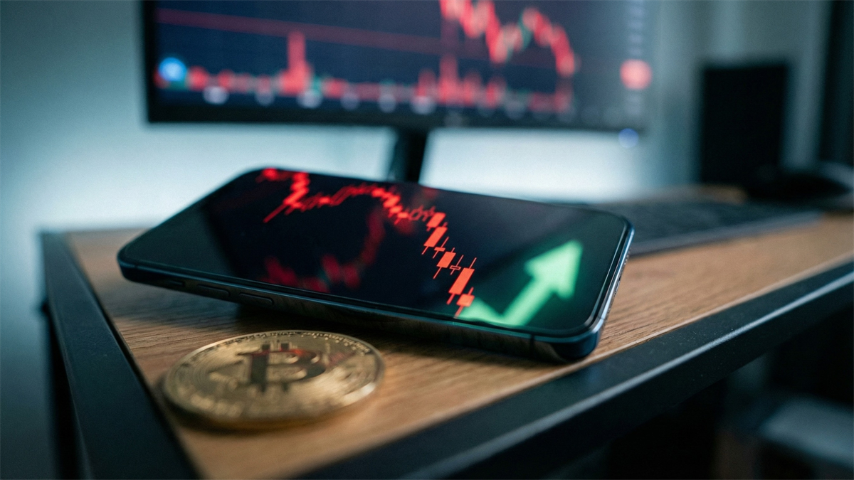 Smartphone showing a plunging red crypto chart with a green up arrow, beside a Bitcoin coin on a desk.