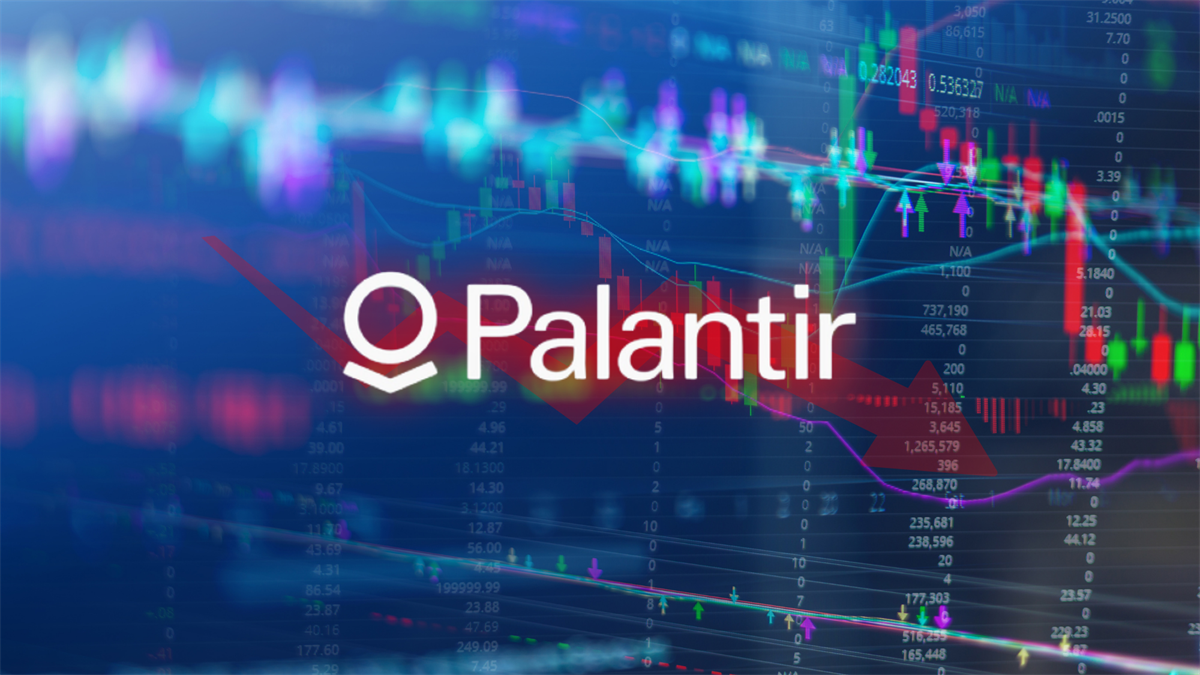 Palantir logo over blue trading screen with candlestick charts and red down arrow, signaling stock volatility.